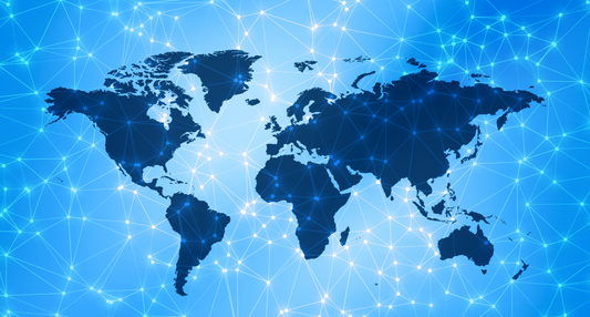 World map illustration with connecting lines and nodes, symbolizing global networks and connectivity.