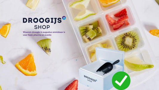 Droogijs producten met gesneden fruit, perfect voor food, pharma en evenementen in augustus. Droogijs shop logo zichtbaar.